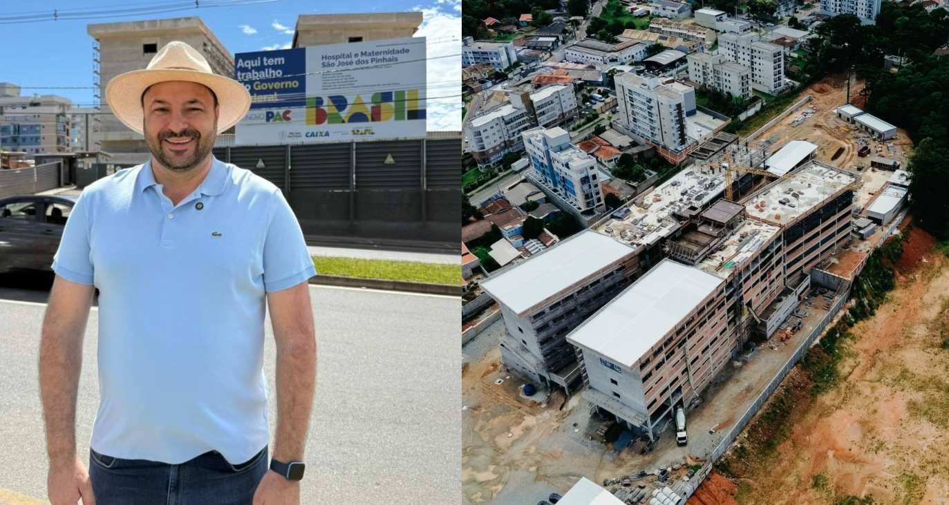 Deputado Federal Geraldo Mendes em frente à obra do novo Hospital e Maternidade de São José dos Pinhais (Colagem: Ascom/GM)