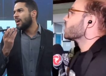Imagem mostra cena Vídeo: apresentador liga ao vivo para polícia após agr — Foto