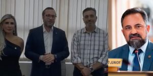 Francischinis assumindo a presidência do PL curitibano e o vereador Olimpio Araujo, ex-presidente do diretório local (Colagem)