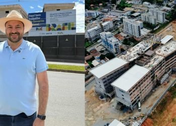 Deputado Federal Geraldo Mendes em frente à obra do novo Hospital e Maternidade de São José dos Pinhais (Colagem: Ascom/GM)