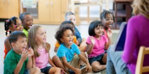 Multi ethnic group of pre-school children in a classroom.