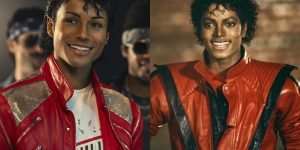 Montagem colorida e comparativa com foto de Jafaar Jackson no filme Michael — Fo