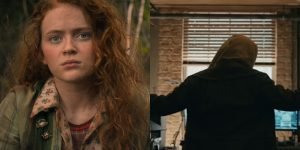 Montagem de imagens mostra Sadie Sink (à esquerda) e personagem misterios — Foto